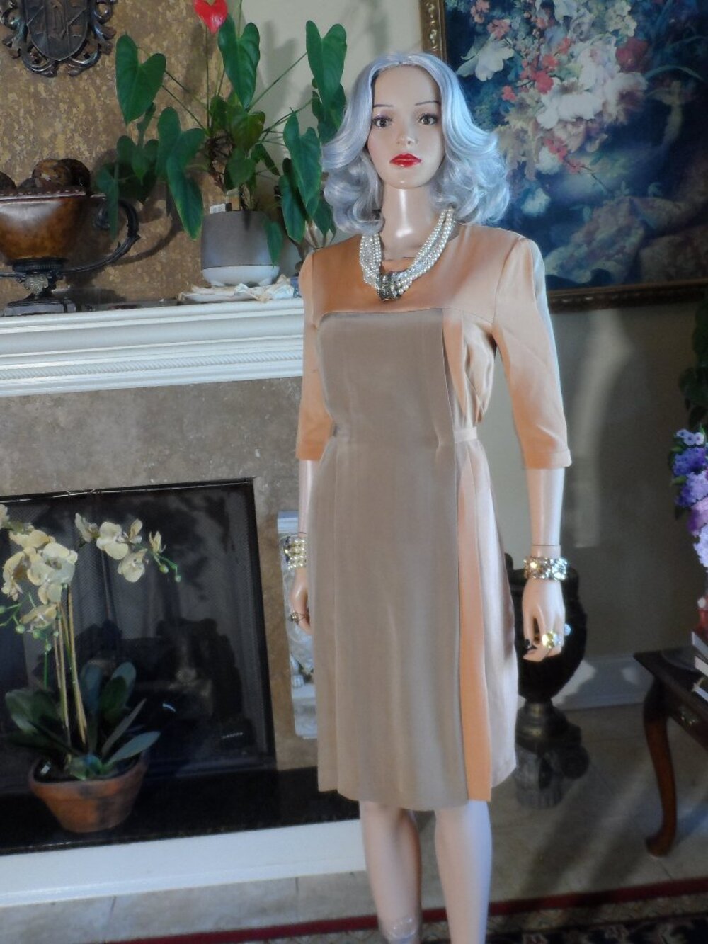 Akris for Bergdorf Goodman Brown & Orange Silk Pleated Sheath Dress Size 8